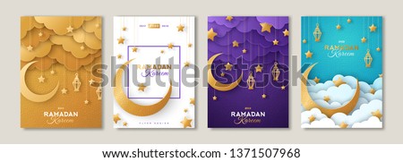 Ramadan Kareem set of posters or invitations design with 3d paper cut islamic lanterns, stars and moon on gold and violet background. Vector illustration. Place for text