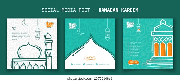 Ramadan kareem. Set of social media post template with mosque and lantern design in cartoon art. arabic letters background design. good template for ramadan campaign