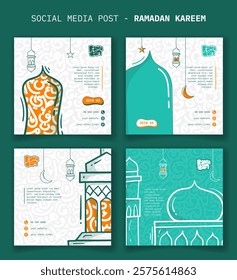 Ramadan kareem. Set of social media post template with doodle art and cartoon line art design of lantern and mosque. arabic letters background. ramadan kareem campaign