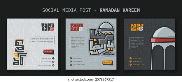 Ramadan kareem. Set of social media template for ramadan kareem with arabic typography in cartoon design. arabic text mean is hello ramadan. islamic background campaign