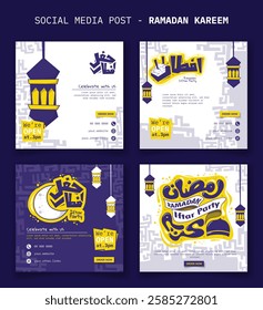 Ramadan kareem. Set of social media post template with lantern and arabic typography in purple cartoon design. arabic text mean is iftar party and other arabic text mean is ramadan kareem