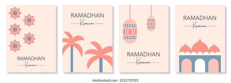 Modelo de conjunto Ramadan Kareem com caligrafia árabe, padrão, mesquita, palmeira, lanterna e plano de fundo plano minimalista em cor pastel para cartaz de banner, cartão de saudação, capa e mídias sociais