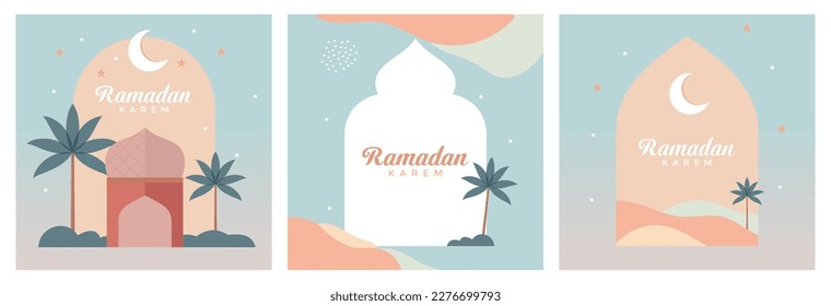 Ramadan Kareem set of templates. Design modern art style with pastel colors. Modern beautiful design with mosque, crescent moon, stars in the sky, arched windows. Posters, covers, cards, banner