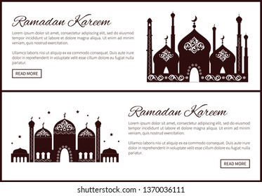 Ramadan Kareem set of web sites with Mosque and text sample, place of worship for Muslims with arabic ornaments on elaborate domes, minarets vector