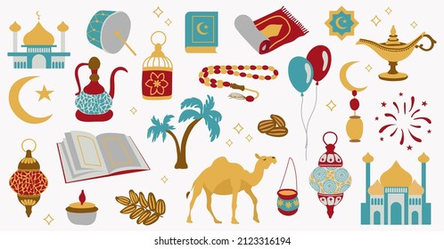 Ramadan Kareem set. White background, isolate. vector illustration. Flat style.