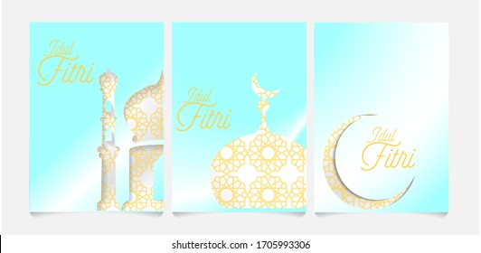 ramadan kareem set in white ,cyan and golden paper cut with  mosque, star, lantern, and moon shape in islamic pattern. for greeting card.