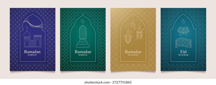 Ramadán Kareem conjunto de ventanas, puertas de mezquita, marcos. Abstractas Plantillas de antecedentes. Arcos árabes, patrones. Diseño de arte de línea minimalista moderno. Ilustración vectorial.
