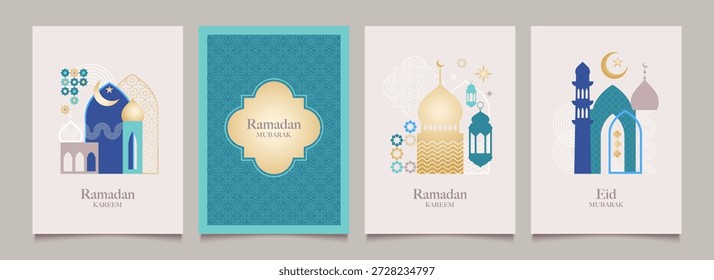 Ramadan Kareem set of windows, mosque doors, frames. Abstract templates of backgrounds. Arabic arches, patterns. Modern minimal line art design. Vector illustration.
