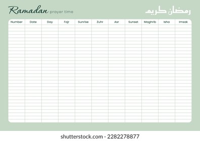 Ramadan Kareem shedule of prayer time. Vector calendar Planner on Ramadan