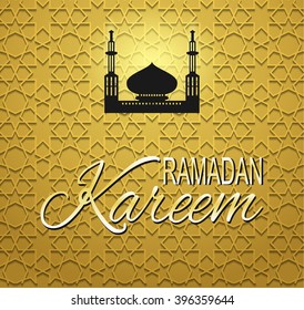 Ramadan Kareem shiny background with mosque silhouette. Greeting card for holy month Ramadan. Vector illustration with text