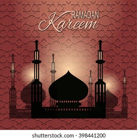 Ramadan Kareem shiny background with mosque silhouette. Greeting card for holy month Ramadan with text. vector illustration 