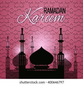 Ramadan Kareem shiny background with mosque silhouette. Greeting card for holy month Ramadan. beautiful pink color