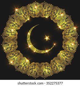 Ramadan Kareem.  Shiny golden illustration. Round frame. Vector watercolor illustration. Ornament. Crescent and star.