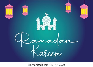 Ramadan Kareem con linterna brillante y mezquita con gradiente