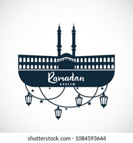 Ramadan Kareem. Sign of the mosque with hanging lamps. Greetings background. Vector illustration.