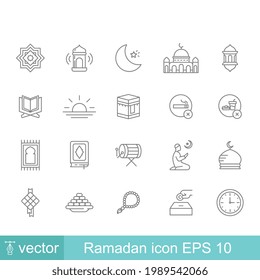 Ramadan Kareem signage and symbols. Fasting month, The holy month, Eid al-fitr mubarak. Islamic ramadan icon set, thin line icon. Vector illustration. Design on white background. EPS 10