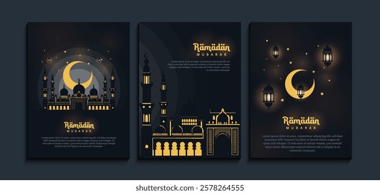 Ramadan Kareem silhouette of a glowing mosque with crescents and lanterns, for poster and greeting social media templates set