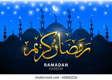 Ramadan kareem with silhouette mosque. Vector art