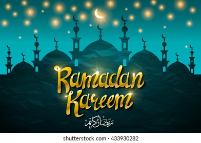 Ramadan kareem with silhouette mosque. Vector art