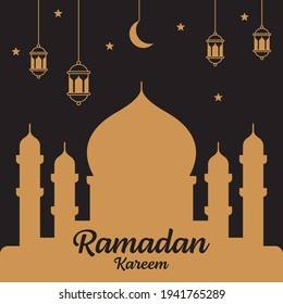 Plantilla de diseño de vector Ramadan kareem silhoutte, mezquita, luna, linterna