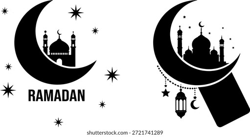 Ramadã Kareem Silhouette Vetor - Mesquita dentro da Lua Crescente com Estrelas e Lanternas