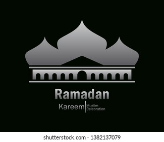 Ramadan Kareem silver mosque logo Vector in Elegant Style with Black Background