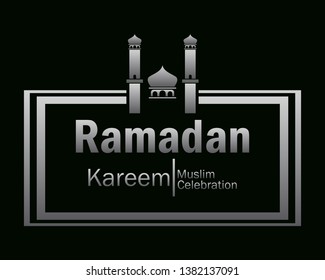 Ramadan Kareem silver mosque logo Vector in Elegant Style with Black Background