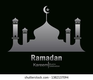 Ramadan Kareem silver mosque logo Vector in Elegant Style with Black Background