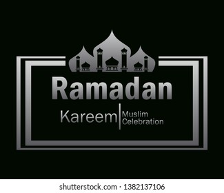 Ramadan Kareem silver mosque logo Vector in Elegant Style with Black Background