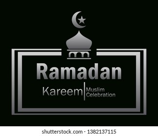 Ramadan Kareem silver mosque logo Vector in Elegant Style with Black Background