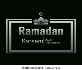 Ramadan Kareem silver mosque logo Vector in Elegant Style with Black Background