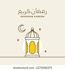 ramadan kareem simple line calligraphy with eastern traditional lantern lamp and crescent moon vector illustration for islamic fasting month event poster design. Arabic Translation : Ramadan Kareem