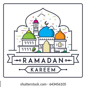 Ramadan Kareem with simple modern Mosque vector.