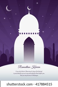 Ramadan Kareem with Simple mosque Purple background.