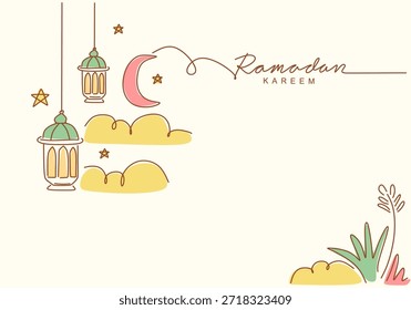Ramadan Kareem simple dibujo de contorno sobre fondo transparente. Esquema de la mezquita y luna creciente