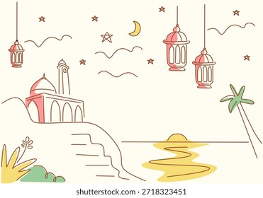 Ramadan Kareem simple dibujo de contorno sobre fondo transparente. Esquema de la mezquita y luna creciente