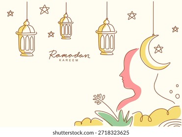 Ramadan Kareem simple dibujo de contorno sobre fondo transparente. Esquema de la mezquita y luna creciente