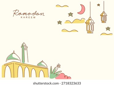 Ramadan Kareem simple dibujo de contorno sobre fondo transparente. Esquema de la mezquita y luna creciente