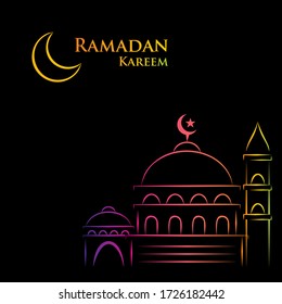 Diseño de tarjetas de felicitación vectorial simple Ramadan kareem. Esbozo y silencio de la mezquita.