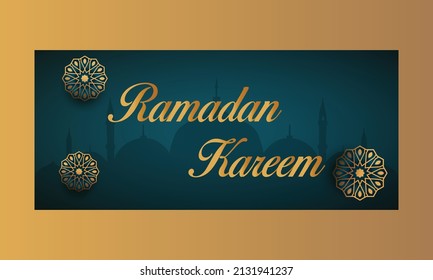 Ramadan Kareem social media cover,banner design template with bluish green backgroun,mosque and flowers.simple and minimal design,vector