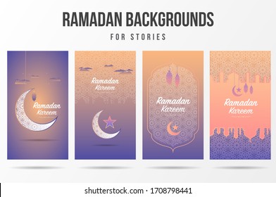 Ramadan Kareem, en los medios sociales, plantilla de carteles de la historia en Instagram para promocionar el marketing en las festividades de Ramadán. Color nocturno árabe con mezquita islamica del Medio Oriente. Antecedentes en medios sociales.