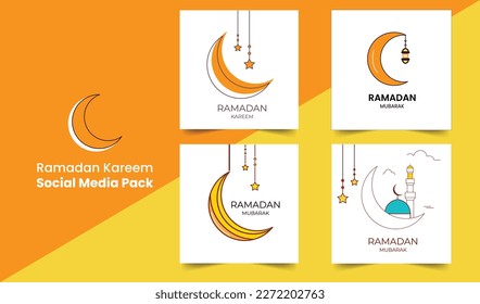 Ramadan Kareem Social Media Pack. Ramadan Half Moon Design With Hanging Lantern and Stars On White Background