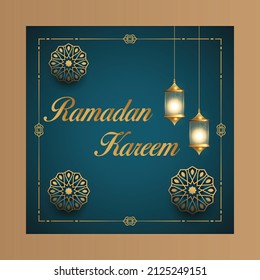 Ramadan Kareem social media post design template with bluish green background,some flower and lamp.vector