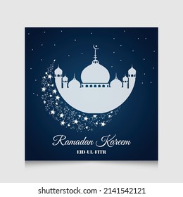 Plantilla de publicación en medios sociales de Ramadan Kareem. Volante cuadrado y banner Con una mezquita adornada, y fondo de linterna azul. Ilustración vectorial