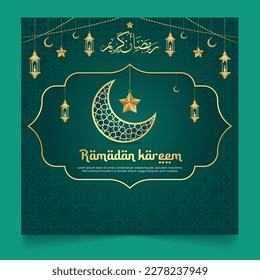 Ramadan Kareem social media post design with gradient background and Islamic elements, Creative Ramadan Kareem Instagram banner template.