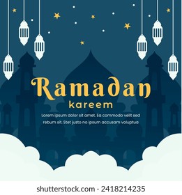 Ramadan Kareem Social-Media-Post-Template-Design, mit einer Moschee-Silhouette im Hintergrund