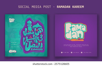 Ramadan kareem. Social media post template for ramadan kareem in green purple with arabic typography. arabic text mean is be better in the holy month.