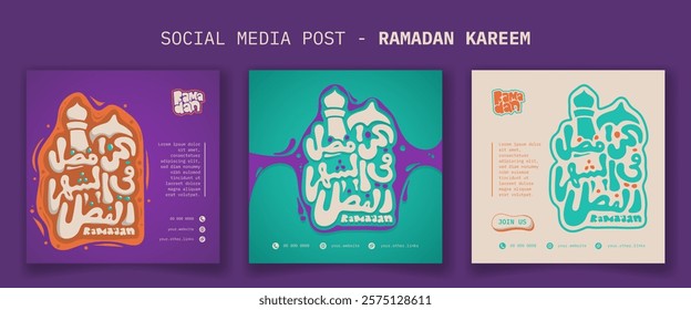 Ramadan kareem. social media post template with arabic typography in purple green design. ramadan kareem advertisement template. arabic text mean is be better in the holy month.