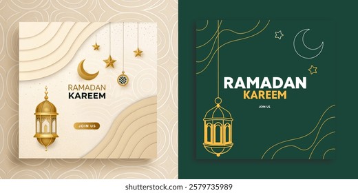 Ramadan kareem. Social media post template of ramadan kareem with arabic typography and lantern in urban cartoon style. arabic text mean is ramadan kareem. Green white islamic background