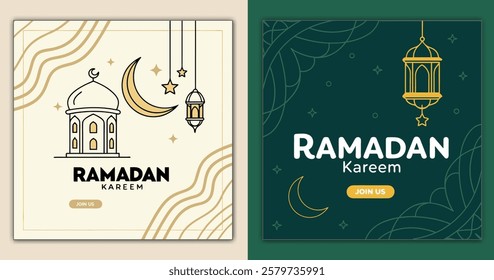 Ramadan kareem. Social media post template of ramadan kareem with arabic typography and lantern in urban cartoon style. arabic text mean is ramadan kareem. Green white islamic background